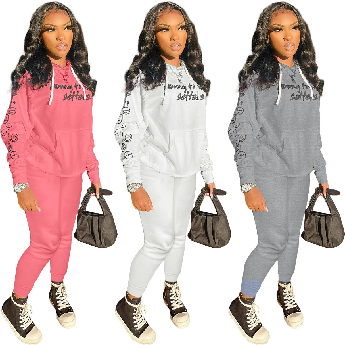 

Women Fleece Letter Print Casual Long Sleeve Hoodie Sweatshirts Jogging Pants Sportswear Two Piece Set, Picture color