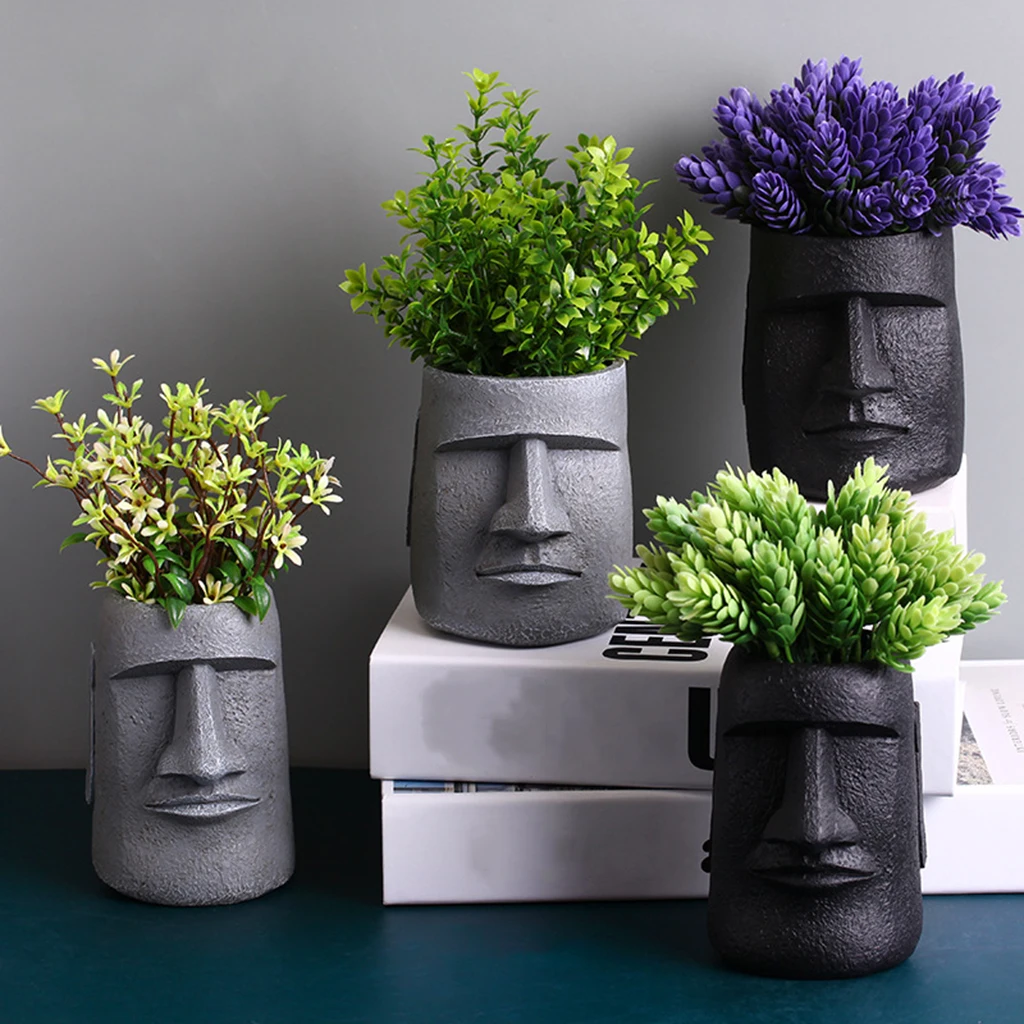 

Creative Resin Easter Island Sculpture Head Design Desktop Flowerpot Succulent Pot Face Vase for Home Garden Indoor Decor, Gray