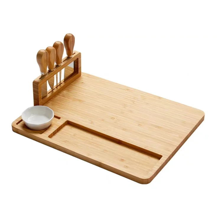 

ready to ship flat natural bamboo cheese board with butter knife shelf and cutlery set