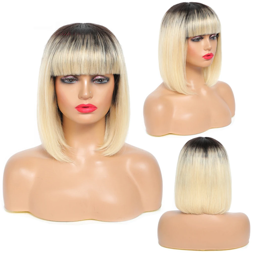 

10 12 Inch Short Human Hair Non Lace Bob Wigs With Bangs 1B 613 Color Blonde Fringe Bob Human Hair Short Wig For Black Women