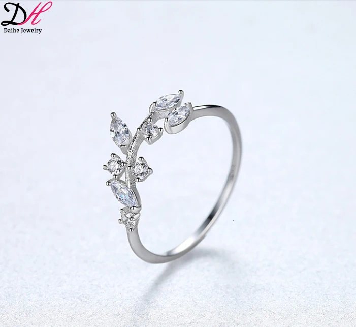 

925 Sterling Silver Handmade Olive Leaf Rings for Women Exquisite CZ Stone Adjustable Open Ring