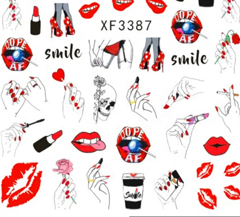

Sexy Big Mouth Red Lips High-heel Nails 3D Wraps Decal Sticker 12 Sheet/Pack Custom Nail Art Supplier Paper Sticker XF3384-3695