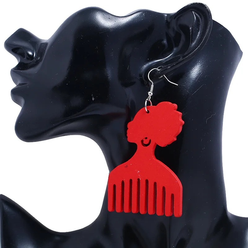 

2021 Wholesale Unique African Women Wooden Earrings Red Yellow Comb Wood Earring For Girls