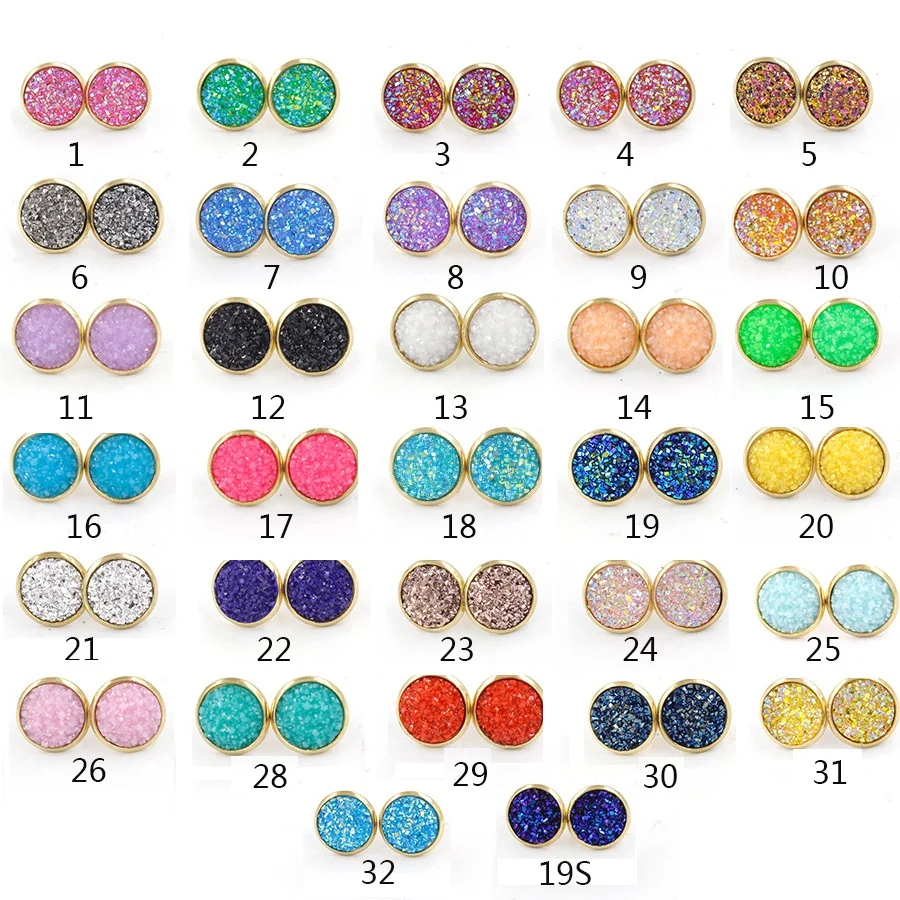 

12MM Druzy Drusy Earrings Resin Cabochon Earrings Gold Stud for Women Men Girl Jewelry Gift