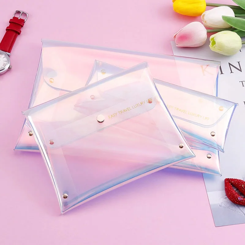 

2022 Fashion Hologram Laser PVC Clear Transparent Button Bag Envelope Waterproof Flap Cover Cosmetic Document Gift Bags Pouches