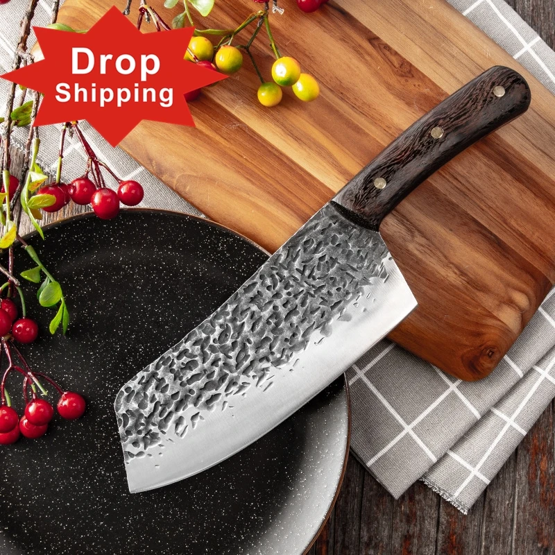 

Dropshipping Handmade Full Tang Forged High-carbon Steel Wenge wood handle Kitchen Knives Chef Cleaver Slicing Butcher knife, Silver