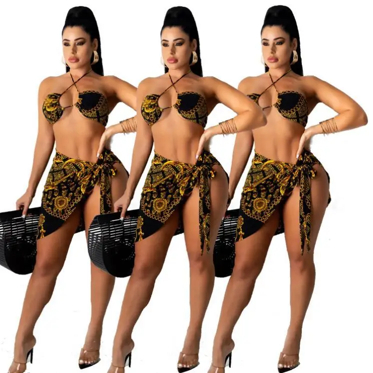 

PEARL Hot Sale Floral Printed Sexy Bra Short Skirt Summer Beachwear Women 3 Piece Swimsuit Bikini Set