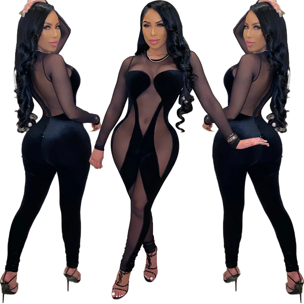 

B54148A Wholesale women sexy mesh see-through fashion velour patchwork jumpsuit, Black