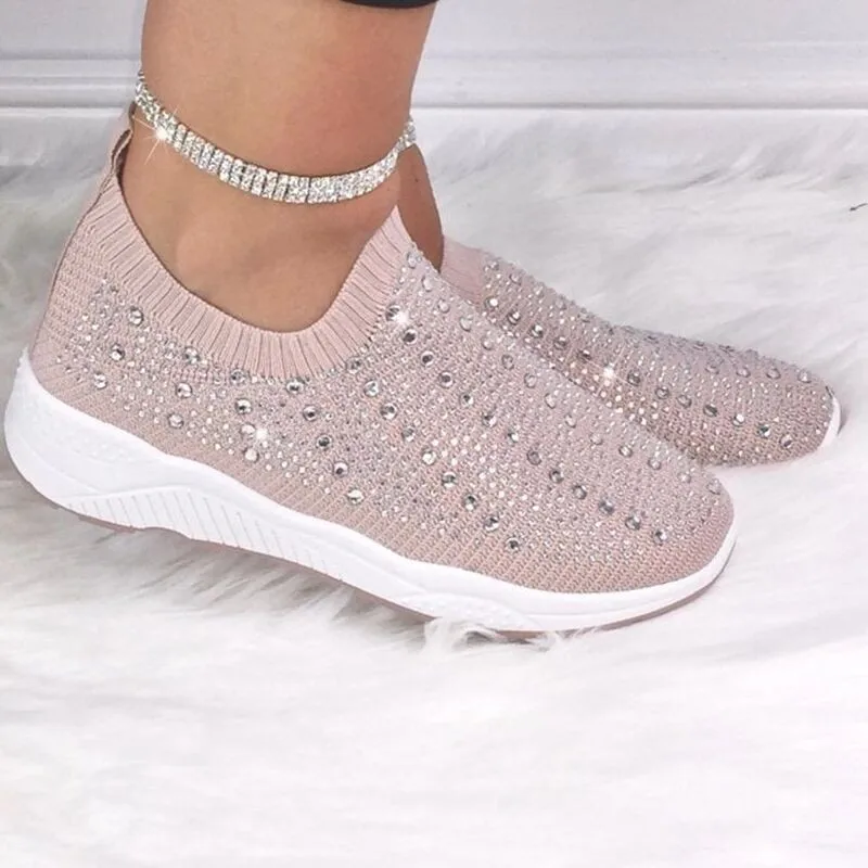 

Summer Rhinestone Sneakers Women Fashion Elastic Pink Rhinestone Knitted Sports Shoes walking style shoes for Ladies