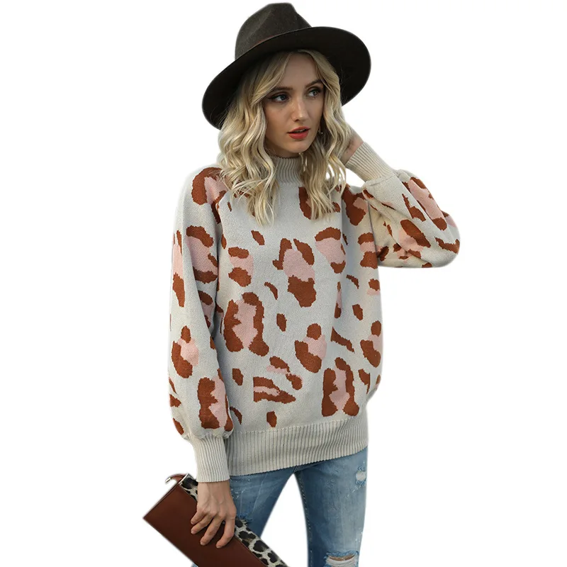 

Hot Sales Women's Long Lantern Sleeve Leopard Pullover Knitted Turtleneck Loose Sweater Tops, Customized color