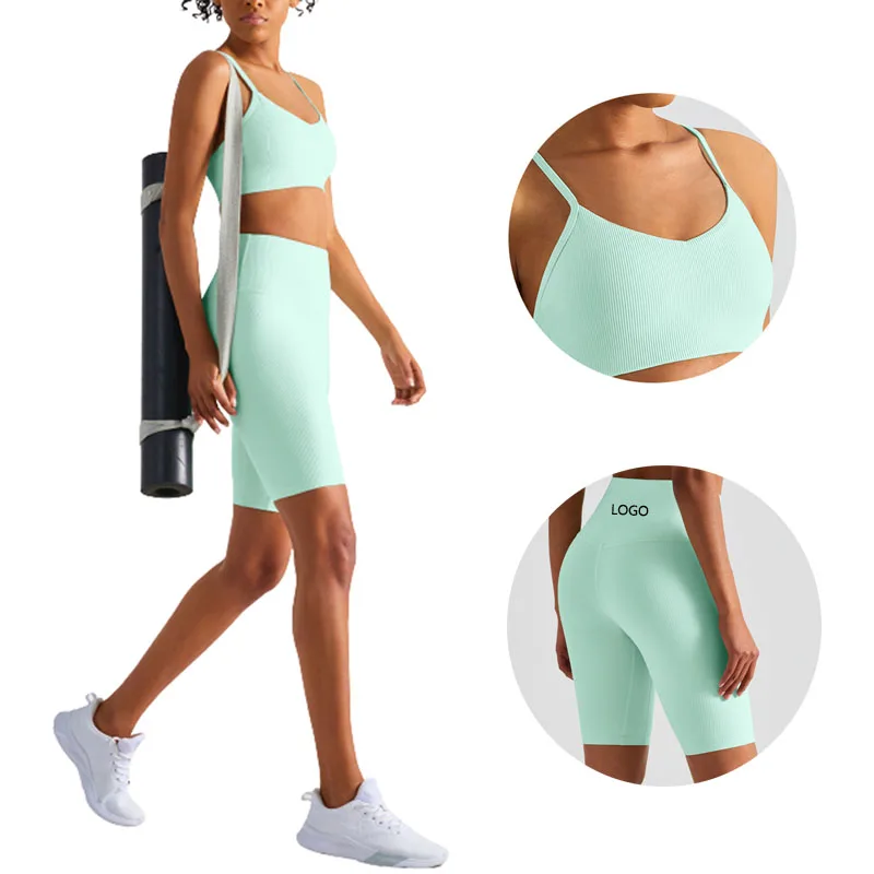 

New Trend Gym Fitness Wear Running Shorts Set High Quality Ribbed Yoga Set Women Sexy Sports Bra High Waist Shorts Active Wear