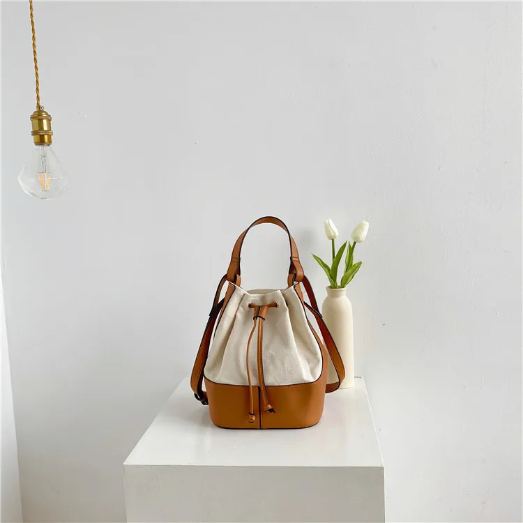 

2020 top selling fashion Women Fashion PU Leather-Trimmed Canvas leather Bucket Bag