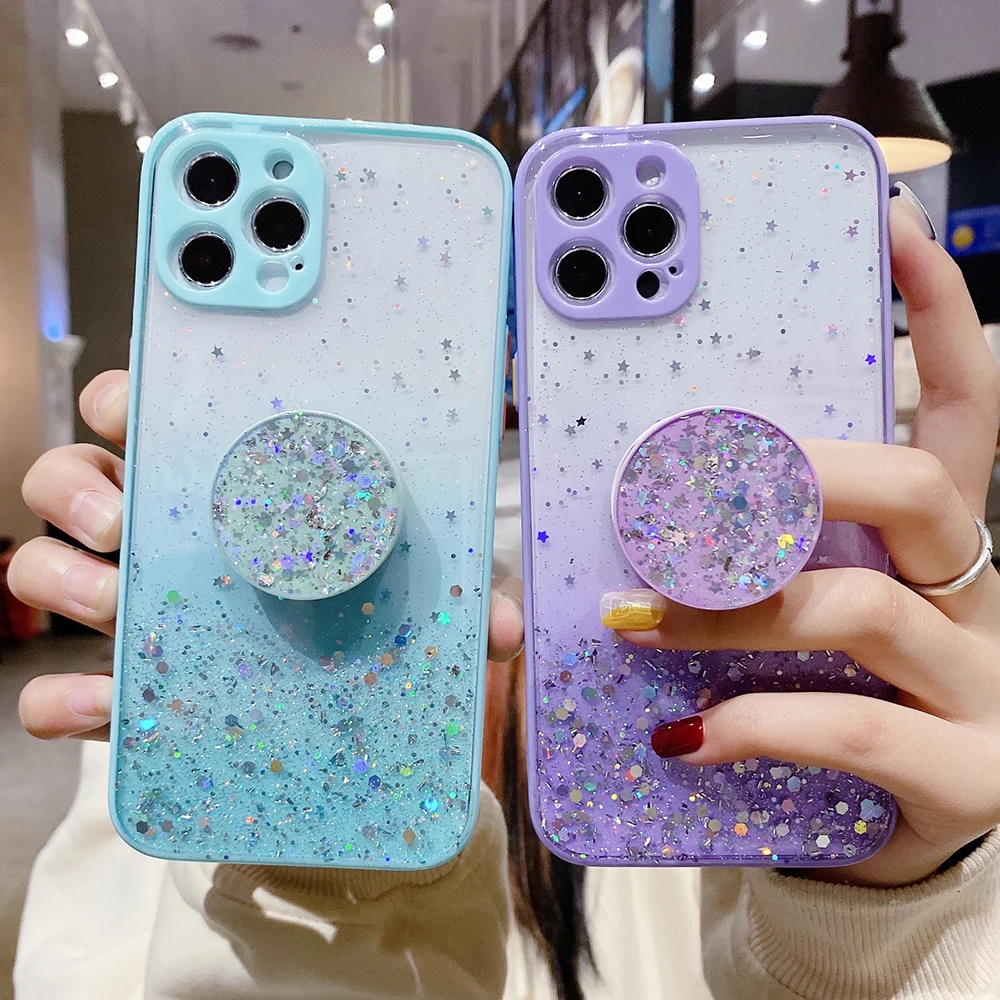 

Glitter Gradient Clear Phone Case For iphone 12 12mini 12 Pro max 11Pro X XS MAX XR 7 8 Plus Soft Epoxy Folded Holder Back Cover