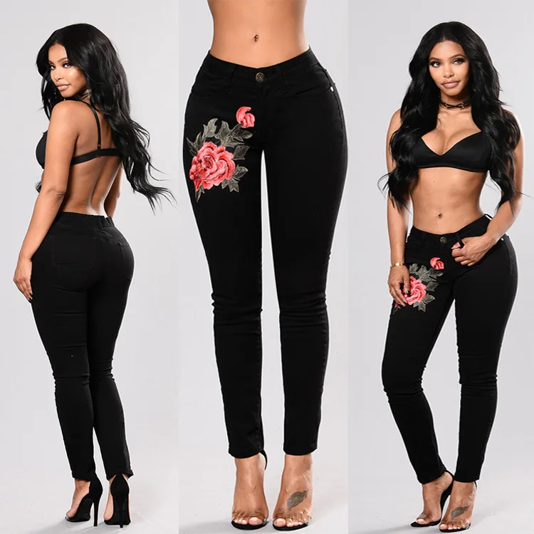 

denim jeans manufacturer dark blue wash floral applique skinny jeans women