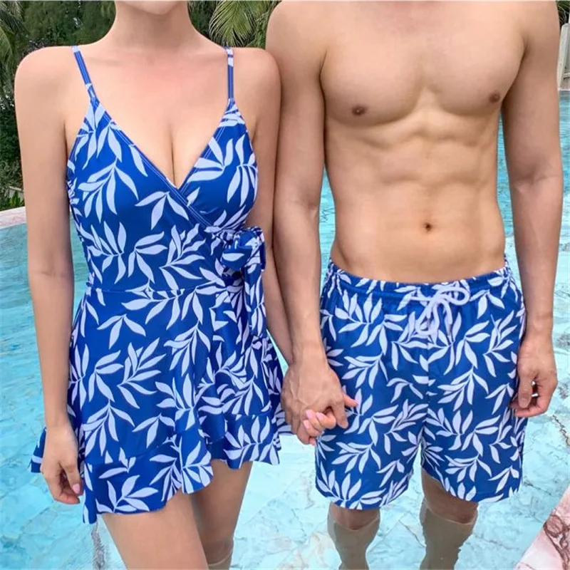 

YZ-0701 Girls Show Thin Skirt Conservative Boxer Swimsuit Female + Men's Beach Pants Couple Sexy Swimsuit 2021