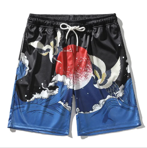 

Oversiezed Chinese style sea wave crane shorts men's fashion tether sports living home leisure home swimming beach flower shorts, Blue