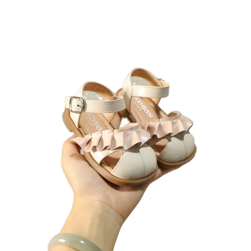 

2022 Summer new design closed toe infant baby kids first walking shoes cute floral lace soft-sole toddler sandals, Beige or customize color