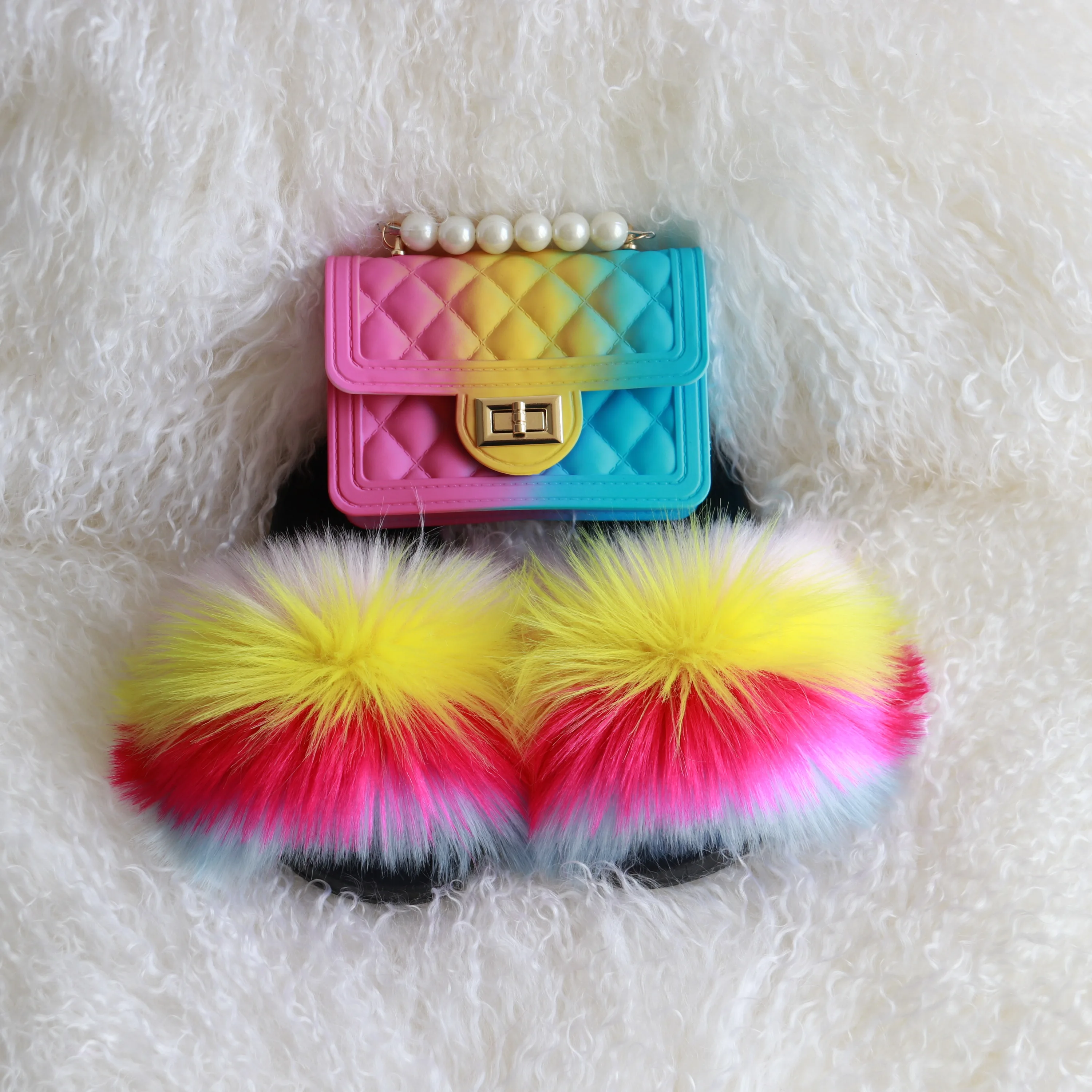 

kids fur slippers and purse