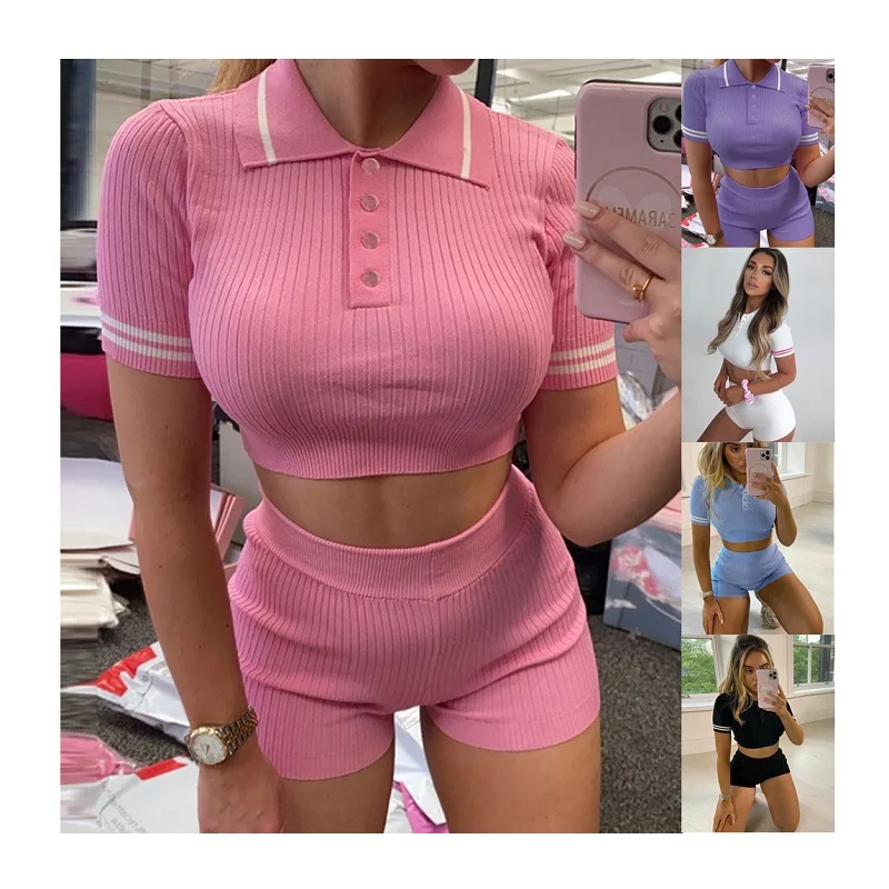 

RS010 Knitting women sports 2pcs wear set crop top and short pants