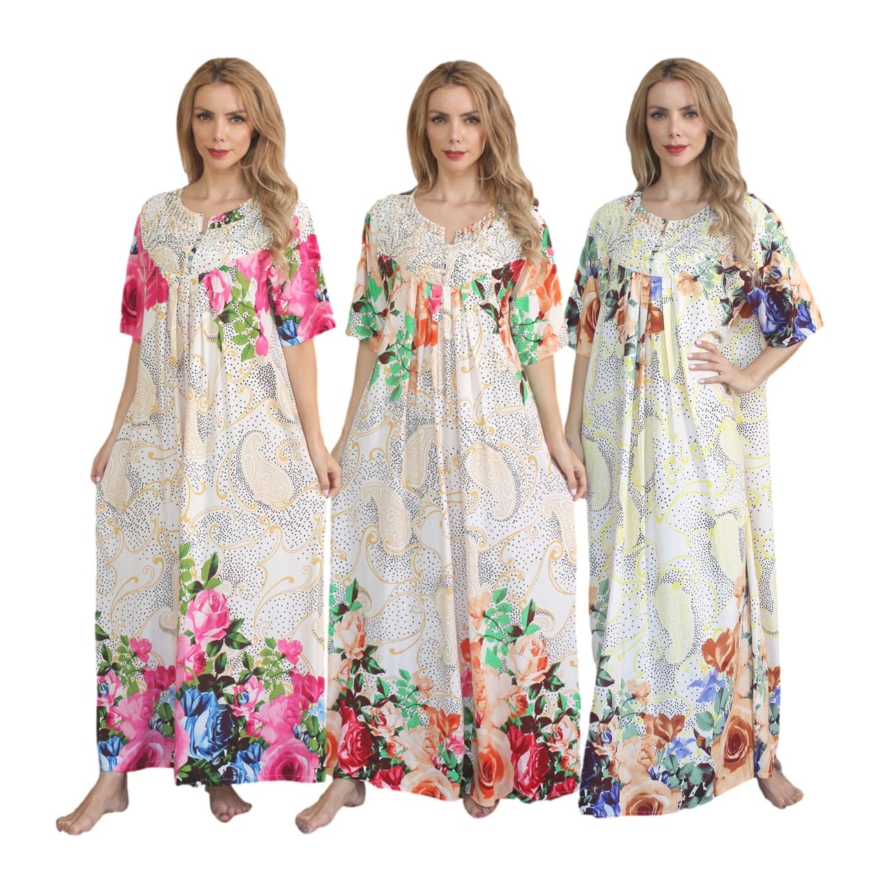 

Diamond robe dubai kaftan short sleeves floral latest abaya with buttons feitival designs 2020 dubai long maxi dress, 3 colors