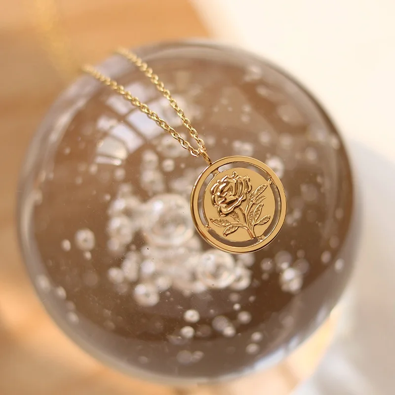 

Rose Flower Pendant Necklace Gift for Her Coin Gold Necklace Stainless Steel 18K Gold Plated Dainty Rose Necklace, Gold/silver/rose gold