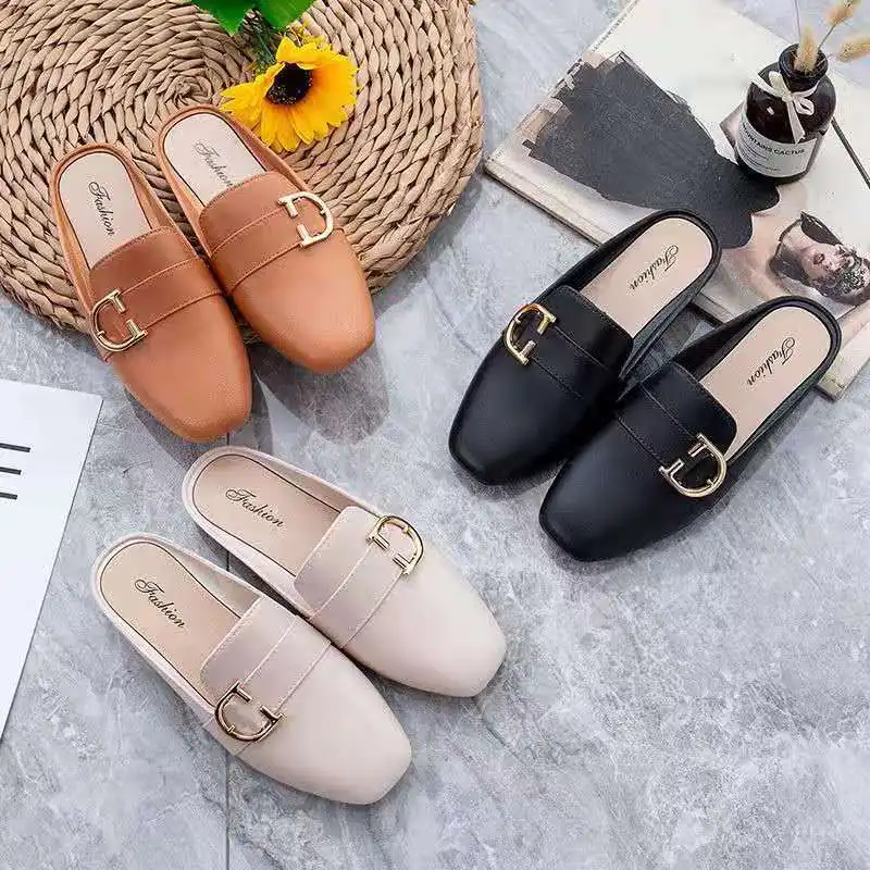 

Ins net red round Baotou sandals and slippers women wear lazy shoes in summer and autumn fashion flat casual half-pack women's s, Black