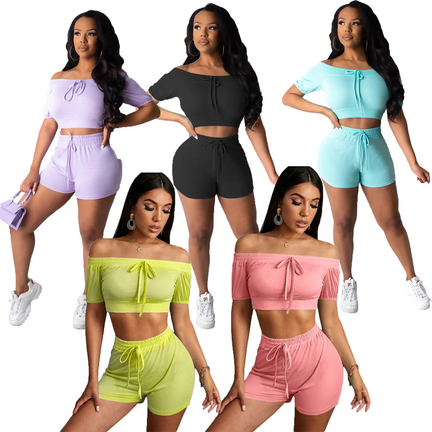 

2021 Women 2 Piece Set Clothing Bodycon Women Tube Tops Tracksuits T-shirts Pant Trousers 2 Piece Pants Set Biker Short Sets, Picture