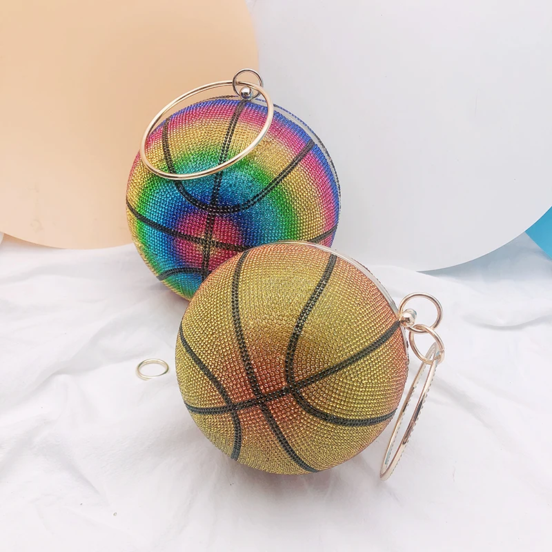 

Fashion Diamond Handbag Rainbow Rhinestone Ball Purse Crystal Bling Basketball Purse for Ladies Rhinestone Basketball Clutch