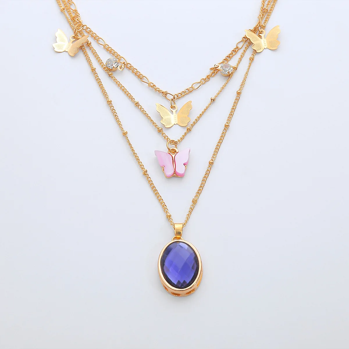 

Fashion Jewelry Multi layer Gold Plated Necklace Oval Gemstone Pink Small Acrylic Butterfly Necklace For Girls, Gold color