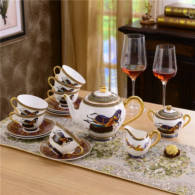 

Promotional 15 Pcs Luxury Nordic War Horse Dining Room Fine Bone China Coffee & Tea Sets