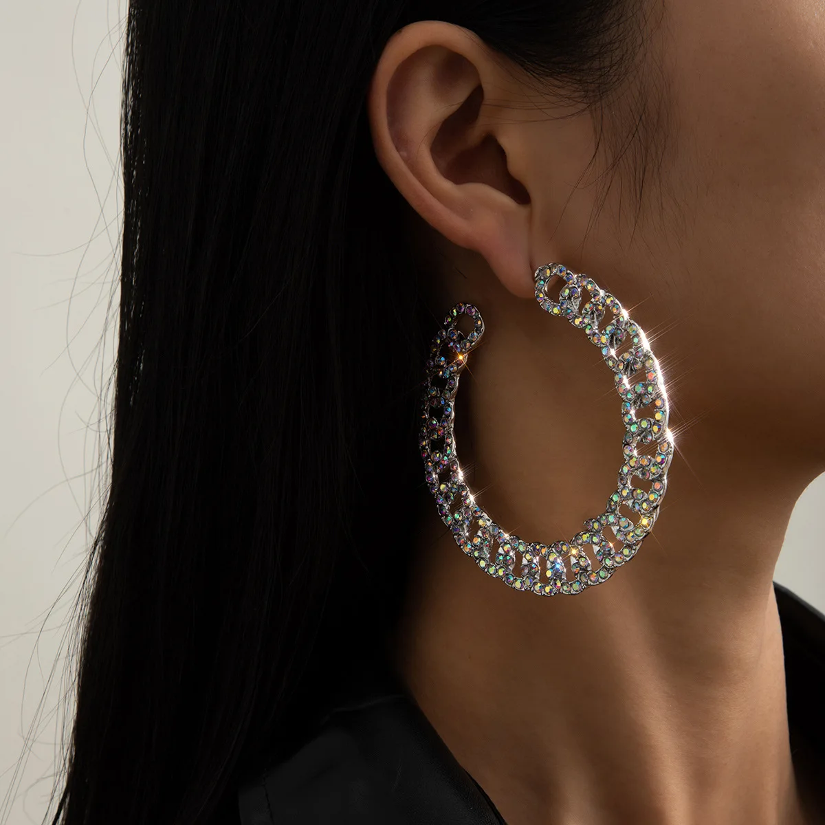 

Hip Hop Jewelry Circle Rhinestone Crystal C Shape Hoop Earring Gold Silver Cuban Link Chain Statement Hoop Earrings For Women