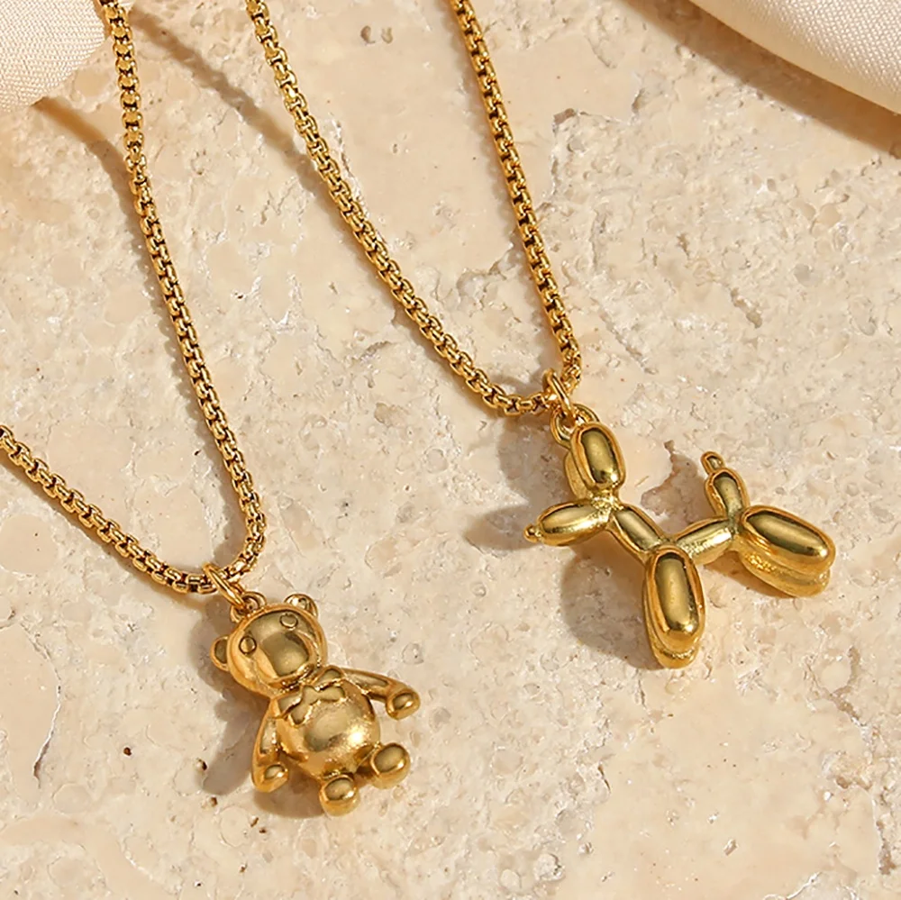 Simple Cute Teddy Bear & Puppy Pendant Necklace Collares 18K Gold Plated Stainless Steel Jewelry