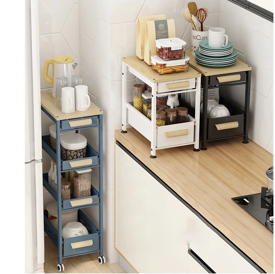 

Storage Rack Sundries Holder Home Organizer Slim Space Shelf, Black/white/blue