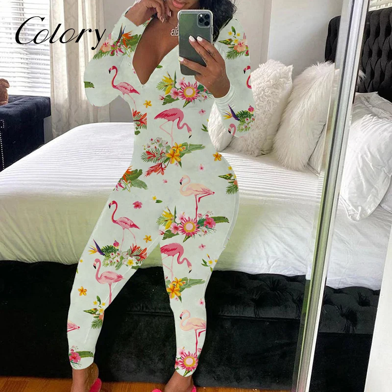 

Colory Button Bodycon Long Sleeve Jjumpsuit Women Sexy Winter Onesie, Customized color