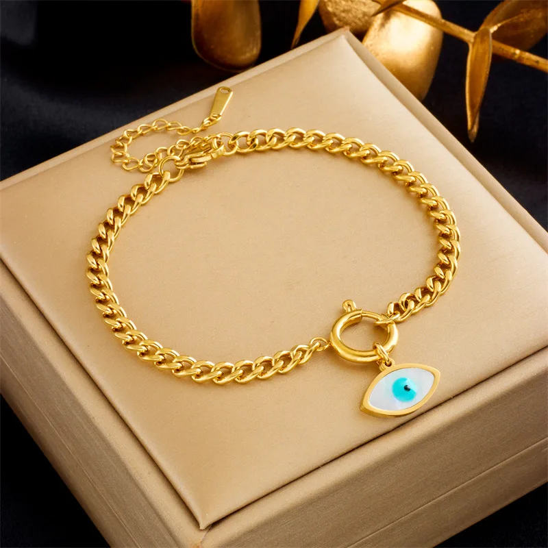 

Fashion Adjustable Tarnish Free 18K Pvd Gold Plated Stainless Steel Blue Devil Eye Charm Bracelet For Women