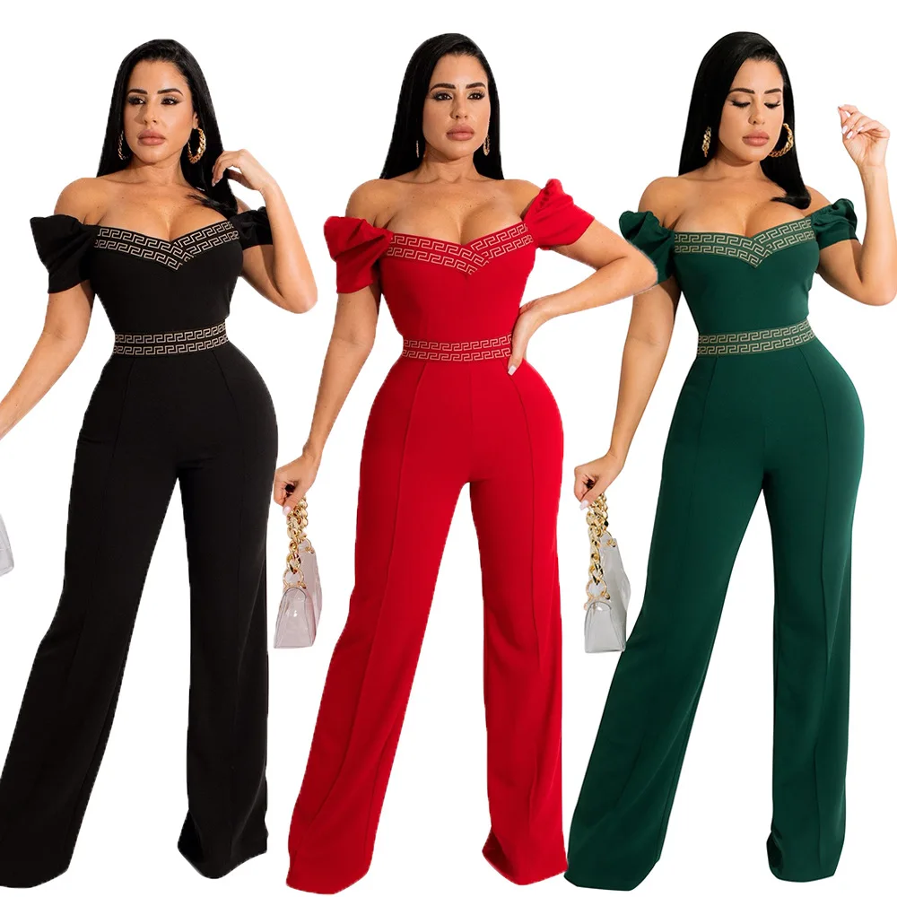 

Hot selling fashion one shoulder tube top puff sleeve top stitched jumpsuit plus size jumpsuit 2022, Customized color/as show