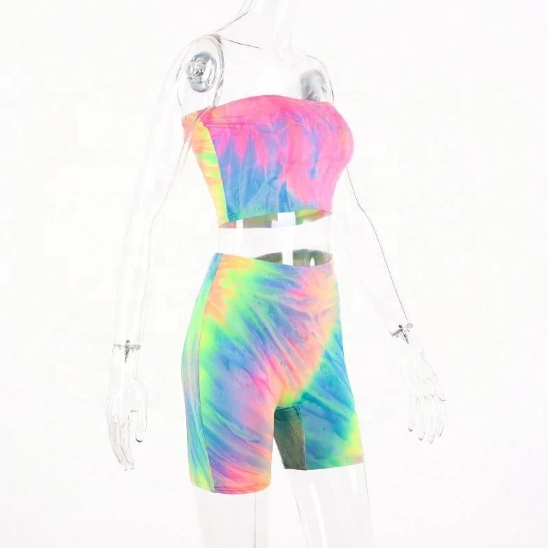

Tie-dye Women Two Piece Set Jogging Tracksuits vest And Biker Shorts Sets Sporty Active Wear in Stock, Picture
