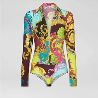 

2019 Women Wholesale Voyage Barocco print georgette Long sleeve deep V-neck Slim fit bodysuit