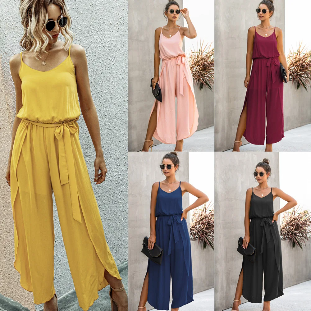 

2021 summer fashion V-neck strap wide leg side split female jumpsuit, As pictures