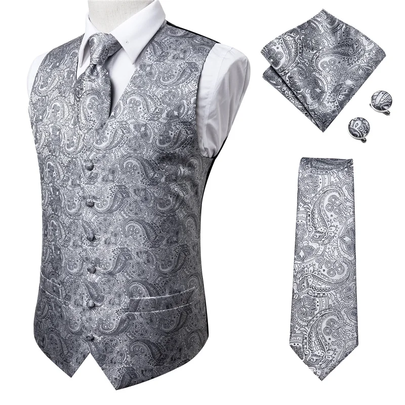 

OEM Custom Men's Gray Paisley V-neck Suit Vest And Tie Set For Wedding Party Best Sellers