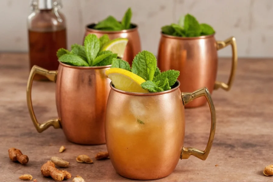 Classic ginger mule cocktail in copper mug with lime wedge garnish on wooden bar surface
