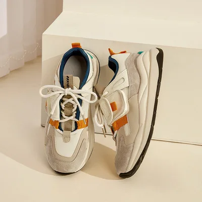 

New Style Fall Vintage Genuine Leather Sneakers All-match Thick Heel Breathable Walking Casual Sneakers
