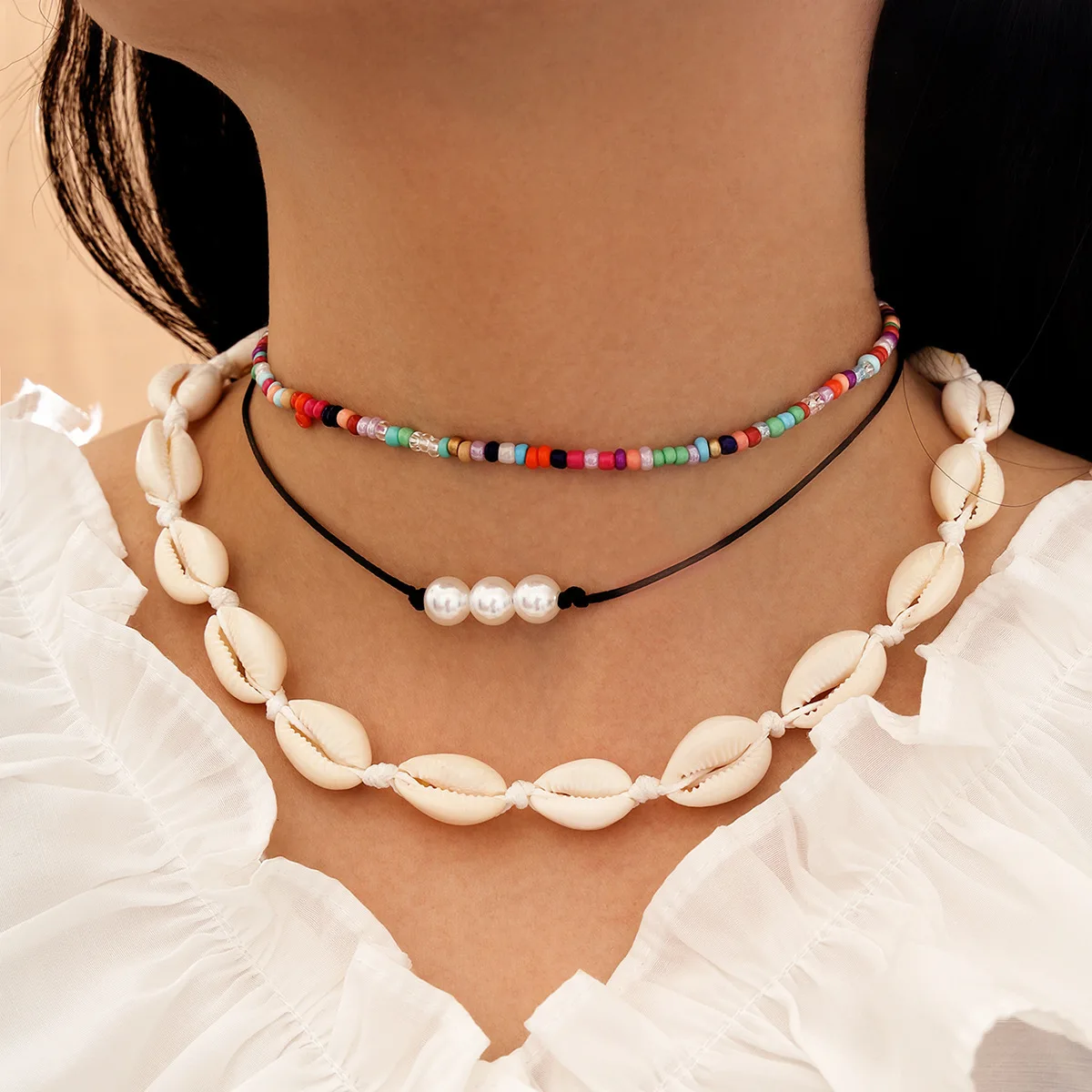 

Bohemia natural freshwater pearl necklace jewelry fashion summer seed beads chain shell layered for women, Picture shows