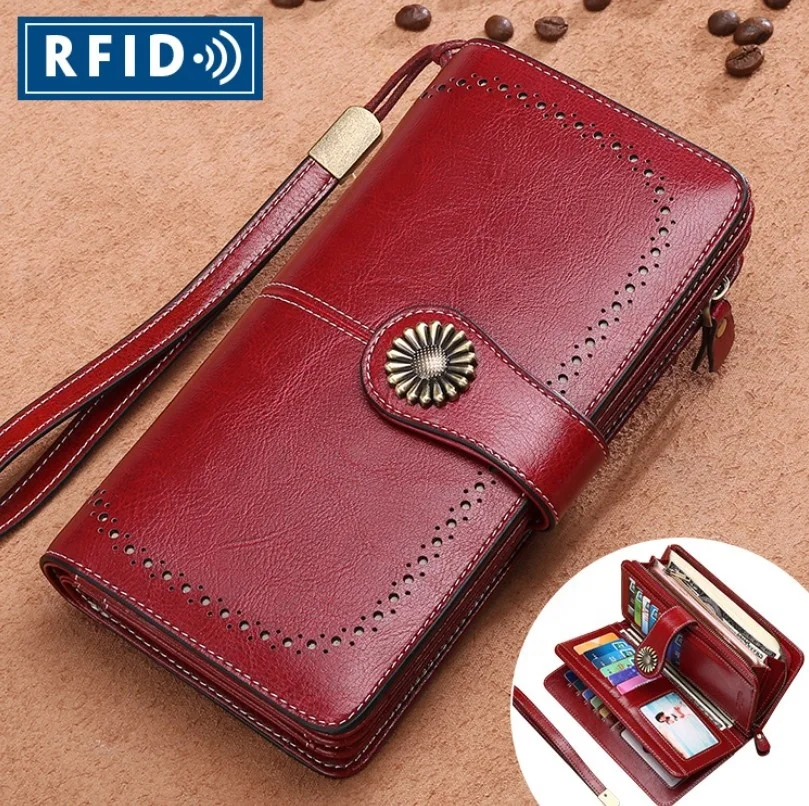 

Women's RFID Blocking Real Leather Zip around Wallet Clutch Large Travel Purse Ladies Wristlet Hand Bag Card Holder Organizer