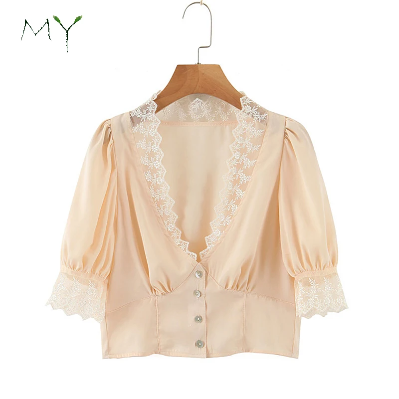 

Latest In-stock Women Summer Tops Short Sleeve V-neck Lace Top