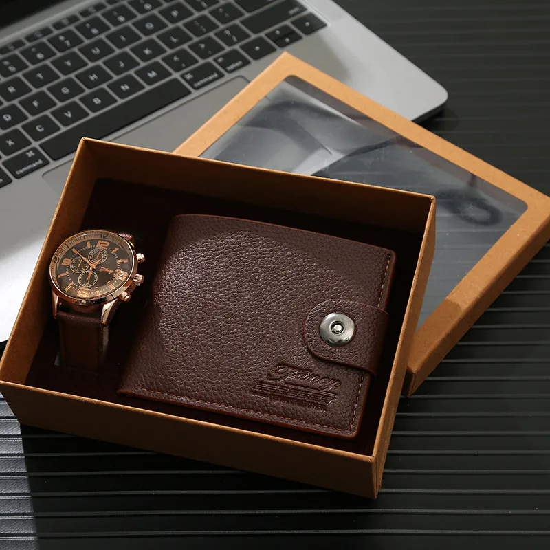 

High Quality men gift 2pcs set leather belt classic wrist customized luxury watch