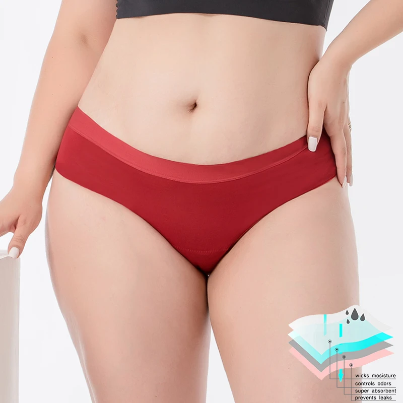 

Stocked 5 colors Fat Women Heavy Flow Menstrual Cycle Hipster 4XL Period Panties Bamboo Leak proof Underwear for ladies, Black red blue green nude