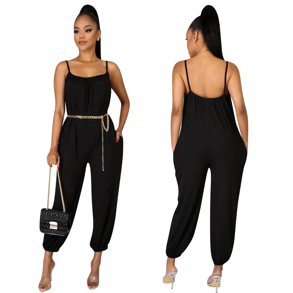 

B51109A New arrival women fashion pure color summer casual jumpsuit, Black