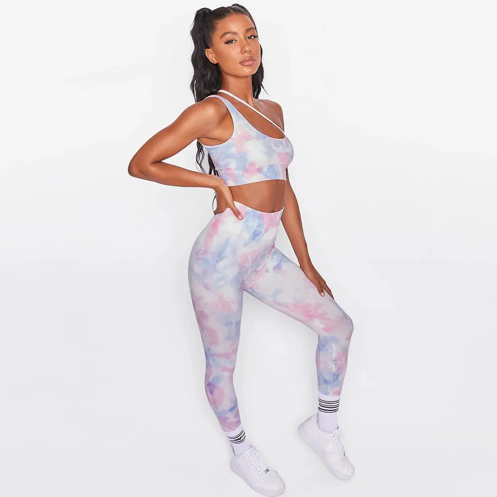 

2021 High Performance Slant Shoulder Tie Dye Digital Printing Yoga Set Exercise Fitness Yoga Set