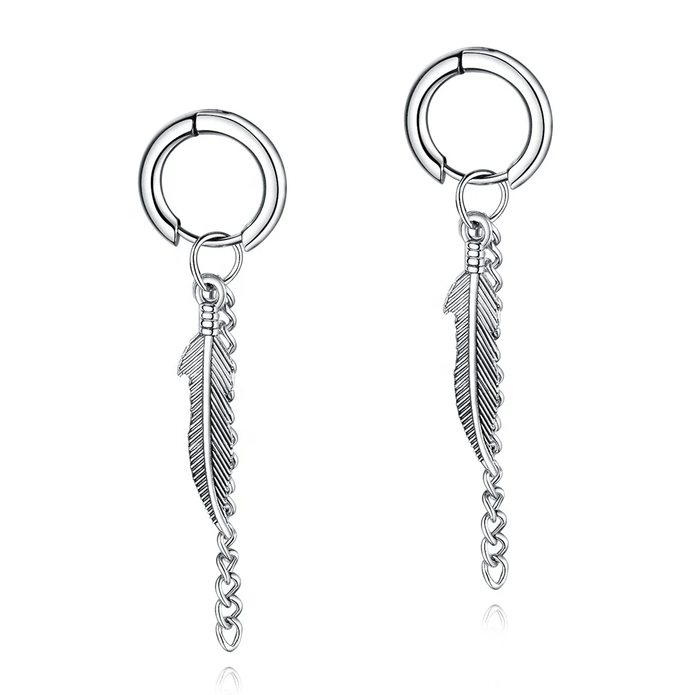 

Silver Stainless Steel Long Chain Male Feather Pendant Women Earring Korea For Men, Retro steel/black